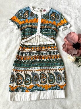 STAUD Perla White Paisley Print Linen Cutout Mini Dress size 2